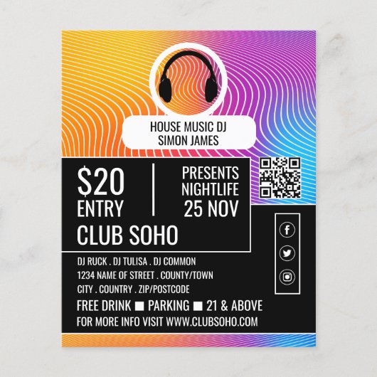 Hoofdtelefoon Muziek Wave Logo, Professionele DJ A Flyer (Voorkant)