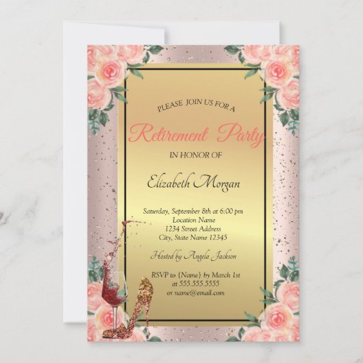 Hoog Hiel, glas, Floral Roos Gold Retirement Kaart (Voorkant)