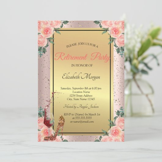 Hoog Hiel, glas, Floral Roos Gold Retirement Kaart (Staand voorkant)