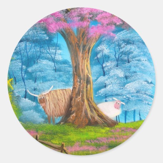 HOOGGRONDSCHAPEN VOOR KOE RONDE STICKER (Voorkant)