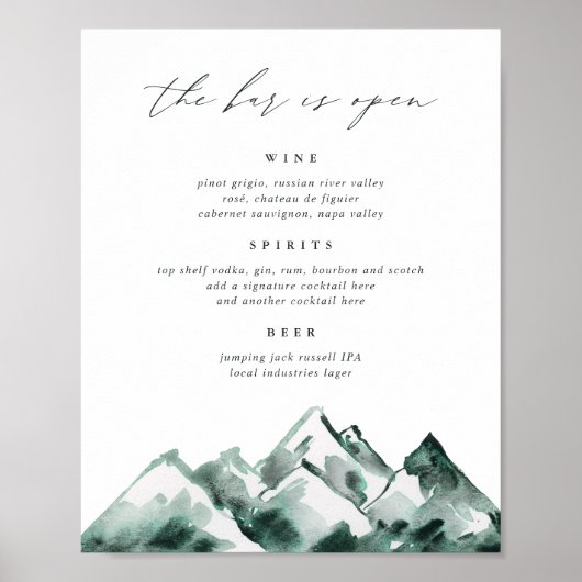 Hoogland | Berg Bruiloft Bar Menu Bord Poster (Voorkant)