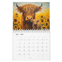 Hoogland koe 2025 Kalender met Kalf Zonnebloem