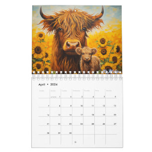 Hoogland koe 2025 Kalender met Kalf Zonnebloem