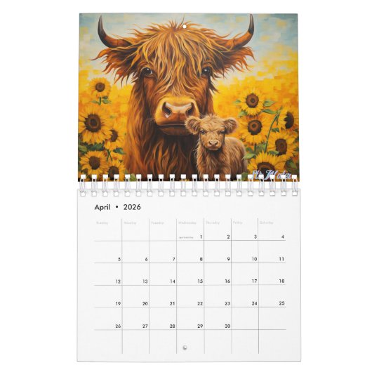 Hoogland koe 2025 Kalender met Kalf Zonnebloem (Apr 2026)