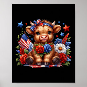 Hoogland Koe 4 juli Floral USA Patriottische Koe Poster