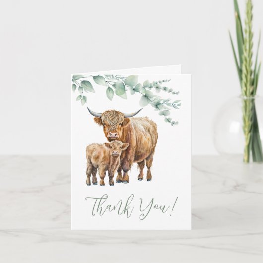 Hoogland Koe Boho groen Boerderij Dier Baby shower Bedankkaart (Voorkant)
