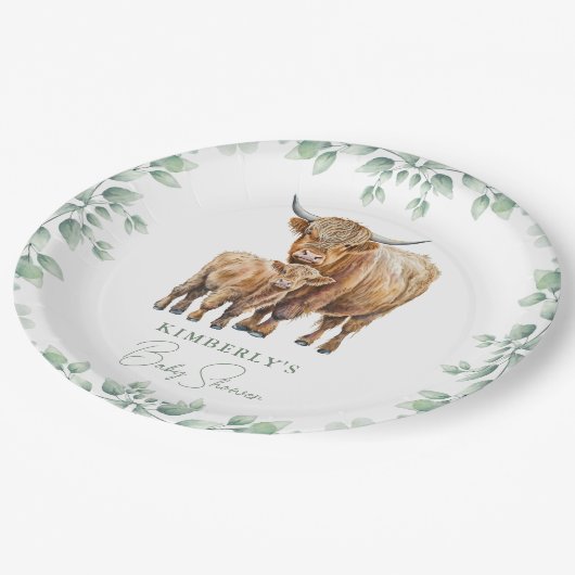 Hoogland Koe Boho groen Boerderij Dier Baby shower Papieren Bordje (Gekanteld)