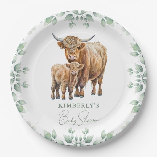 Hoogland Koe Boho groen Boerderij Dier Baby shower Papieren Bordje (Voorkant)