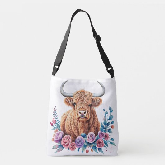 Hoogland Koe en Bloemen Waterverf Crossbody Tas (Achterkant)