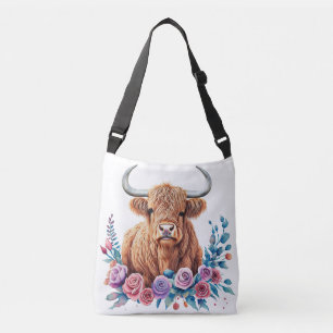 Hoogland Koe en Bloemen Waterverf Crossbody Tas