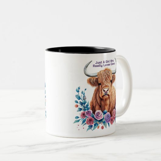 Hoogland Koe en Bloemen Waterverf Tweekleurige Koffiemok (Voorkant rechts)