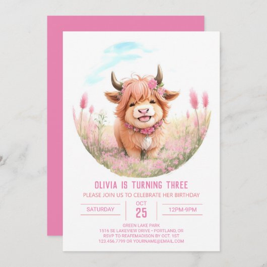 Hoogland Koe en Wildflower Verjaardag Kaart (Voorkant / Achterkant)