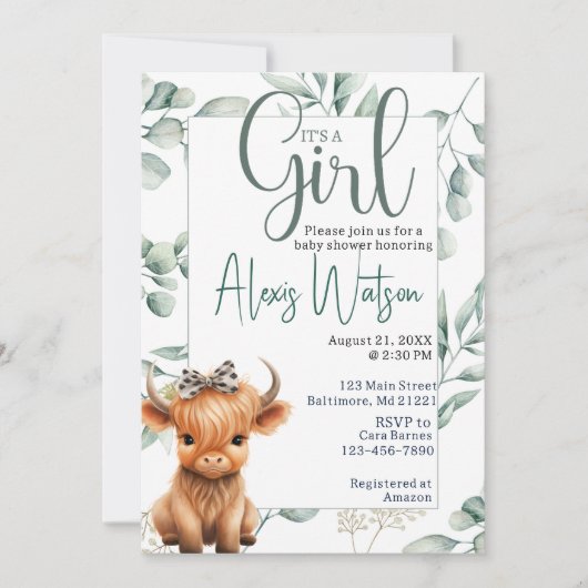 Hoogland koe groen baby shower kaart (Voorkant)