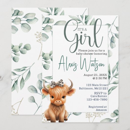 Hoogland koe groen baby shower kaart (Voorkant / Achterkant)