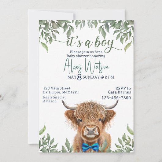 Hoogland koe groen baby shower kaart (Voorkant)