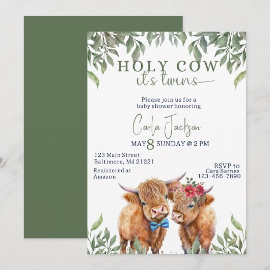 Hoogland koe groen tweelingen baby shower kaart (Voorkant / Achterkant)