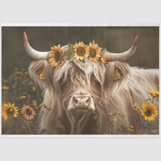 Hoogland Koe in het veld van zonnebloemen Decoupag Tissuepapier (Voorkant)