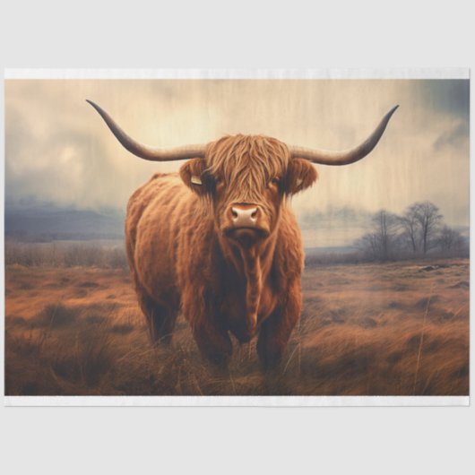 Hoogland Koe in mistig landschap Decoupage papier (Voorkant)
