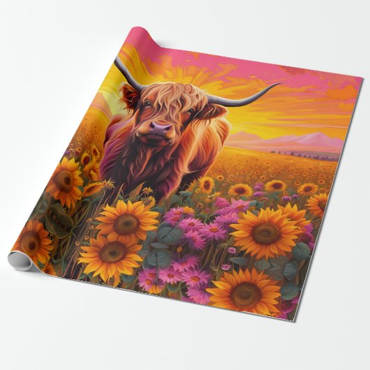 Hoogland Koe in Zonnebloemen bij Zonsopgang Cadeaupapier (Uitgerold)
