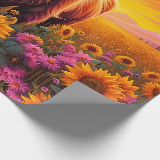 Hoogland Koe in Zonnebloemen bij Zonsopgang Cadeaupapier (Hoek)