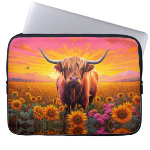 Hoogland Koe in Zonnebloemen bij Zonsopgang Laptop Sleeve
