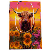 Hoogland Koe in Zonnebloemen bij Zonsopgang Medium Cadeauzakje (Voorkant)