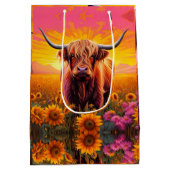 Hoogland Koe in Zonnebloemen bij Zonsopgang Medium Cadeauzakje (Achterkant)