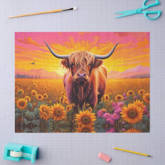Hoogland Koe in Zonnebloemen bij Zonsopgang Tissuepapier (Craft)