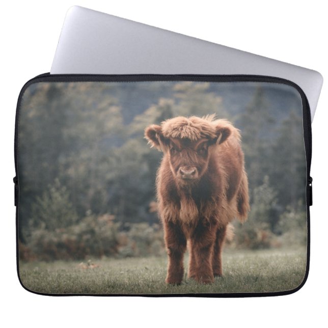 Hoogland koe kalf herfstgrasveld laptop sleeve (Voorkant)