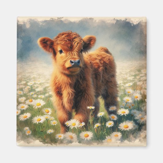 Hoogland Koe Kalf  Waterverf Schilderen Magneet (Voorkant)