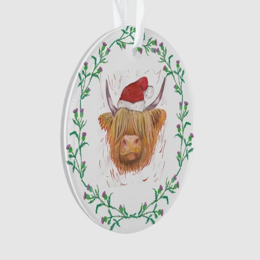 Hoogland Koe Kerstmis Pet Thistle Wreater no text Ornament (voorkant)