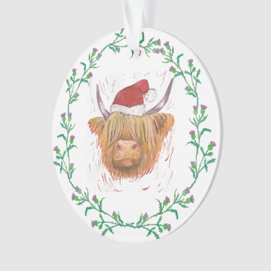 Hoogland Koe Kerstmis Pet Thistle Wreater no text Ornament (voorkant)