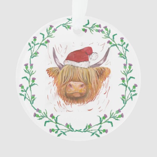 Hoogland Koe Kerstmis Pet Thistle Wreater no text Ornament (voorkant)