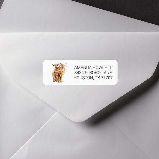 Hoogland Koe met Baby Waterverf Etiket