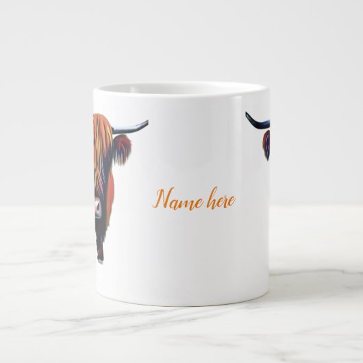Hoogland koe met bewerkbare naam grote koffiekop (Voorkant)