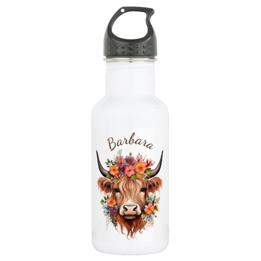Hoogland Koe met Boho Flowers Waterfles (Voorkant)