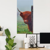 Hoogland Koe met een draadhek Poster (Thuiskantoor)