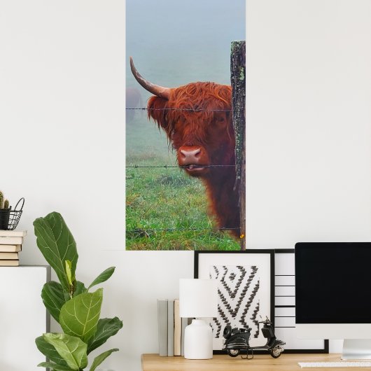 Hoogland Koe met een draadhek Poster (Thuiskantoor)
