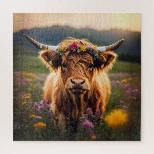 Hoogland Koe met kleurrijke bloemkroon Legpuzzel
