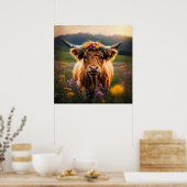 Hoogland Koe met kleurrijke bloemkroon Poster (Keuken)