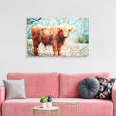 Hoogland Koe met Waterverf van paarden Kunstschild Canvas Afdruk (Insitu (Woonkamer))