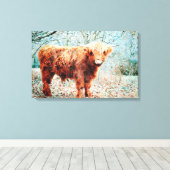 Hoogland Koe met Waterverf van paarden Kunstschild Canvas Afdruk (Insitu (Houten vloer))