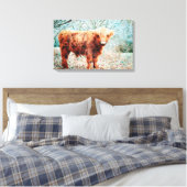 Hoogland Koe met Waterverf van paarden Kunstschild Canvas Afdruk (Insitu (Slaapkamer))