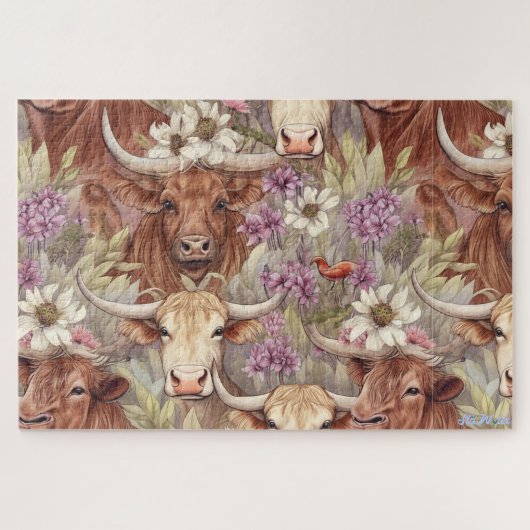 Hoogland koe met wilde bloemen legpuzzel (Horizontaal)