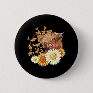 Hoogland Koe met zonnebloem madeliefjes vlinders Ronde Button 5,7 Cm