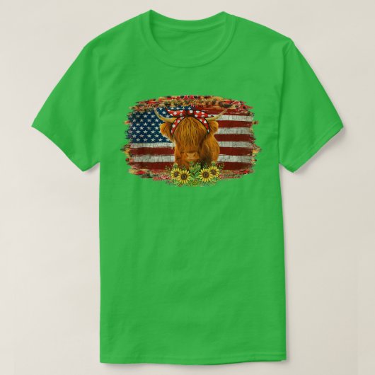 Hoogland Koe met zonnebloem VS vlag patriottische  T-shirt (Design voorkant)