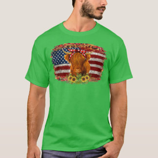 Hoogland Koe met zonnebloem VS vlag patriottische  T-shirt