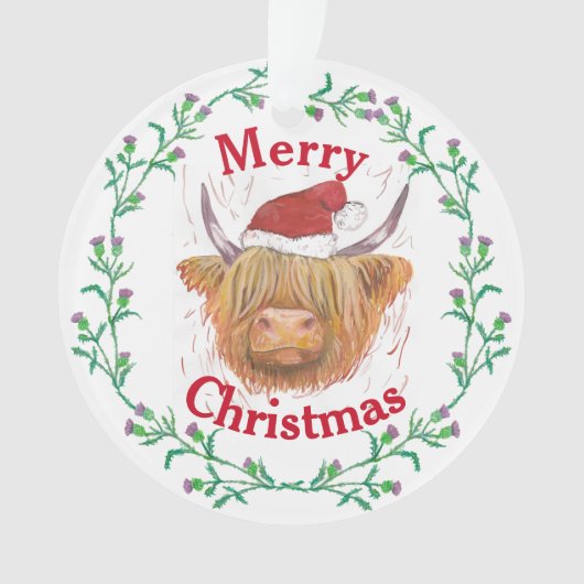 Hoogland Koe Pet Thistle Wreath Merry Kerstmis Ornament (voorkant)