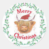 Hoogland Koe Pet Thistle Wreath Merry Kerstmis Ronde Sticker (Voorkant)