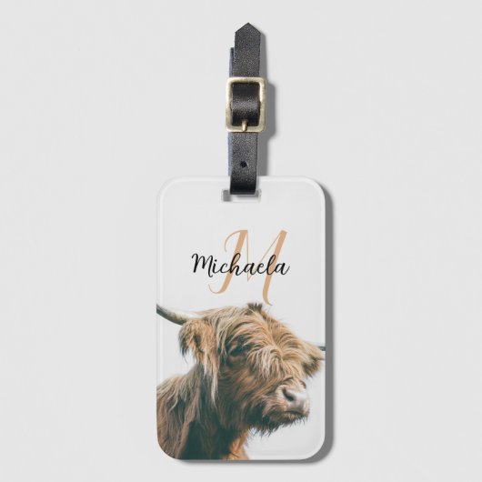 Hoogland koe portret eigen naam initiaal monogram bagagelabel (Voorkant (verticaal))
